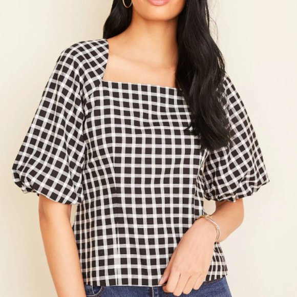 Ann Taylor Tops - Ann Taylor Puff Sleeve Square Neck Checked Blouse